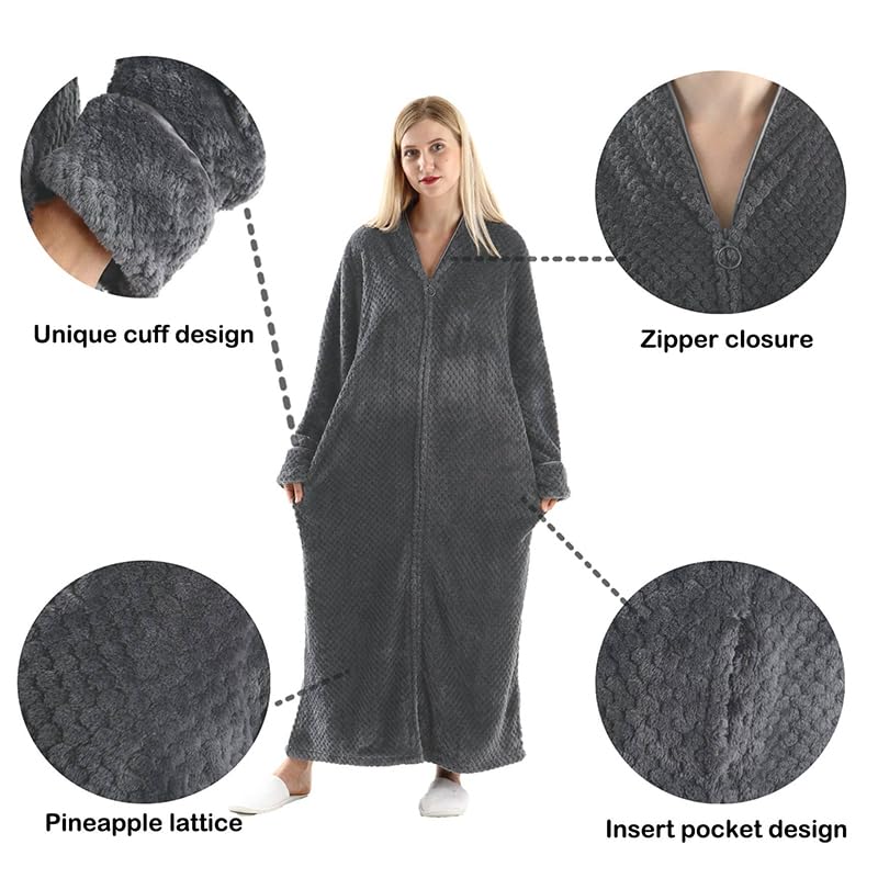 Oksun Womens Fleece Warm Robe: Cozy Flannel Long Zipper Bathrobe - Plush Winter Housecoat Nightgown (Gray, Medium) - Image 2